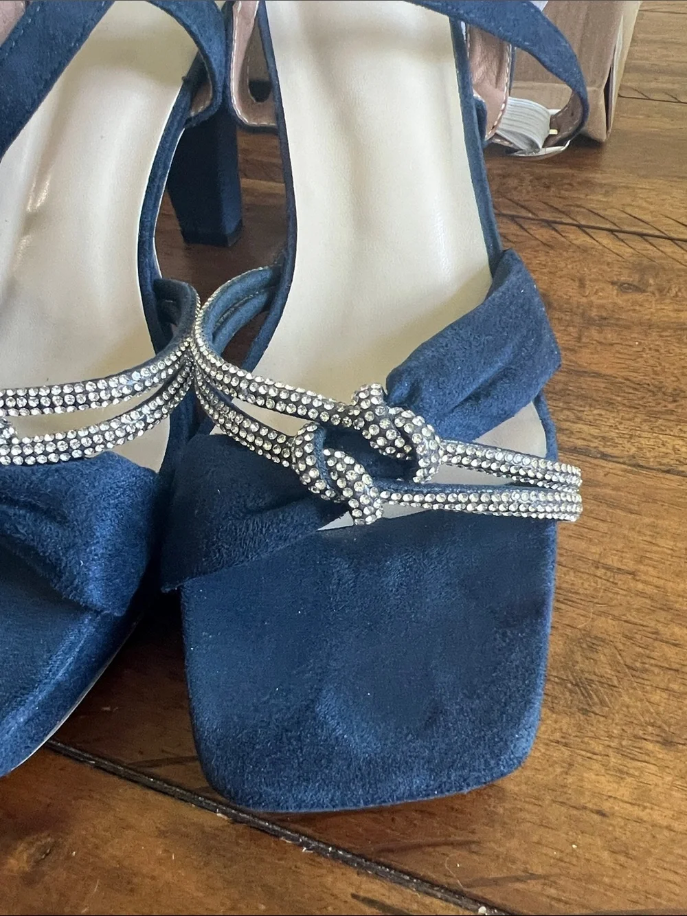SHEIN Navy Rhinestone Knot Strap Block Heel Sandals Size 9.5 worn once